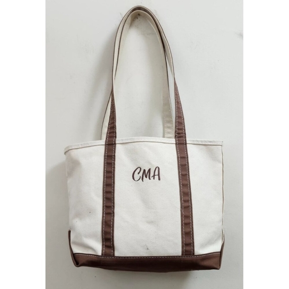 L.L.Bean Boat and Tote Canvas Bag Small White Brown Monogram CMA Made in USA - Picture 2 of 13